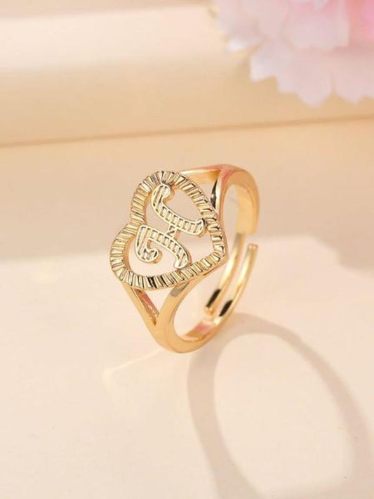 2024 Summer Fashion Heart Shaped Hollow Out Promise Ring, Letter Design Cuff Ring for Girlfriend, Texture Metal Decor Engagement Ring, Fashion Accessories for Women & Girls